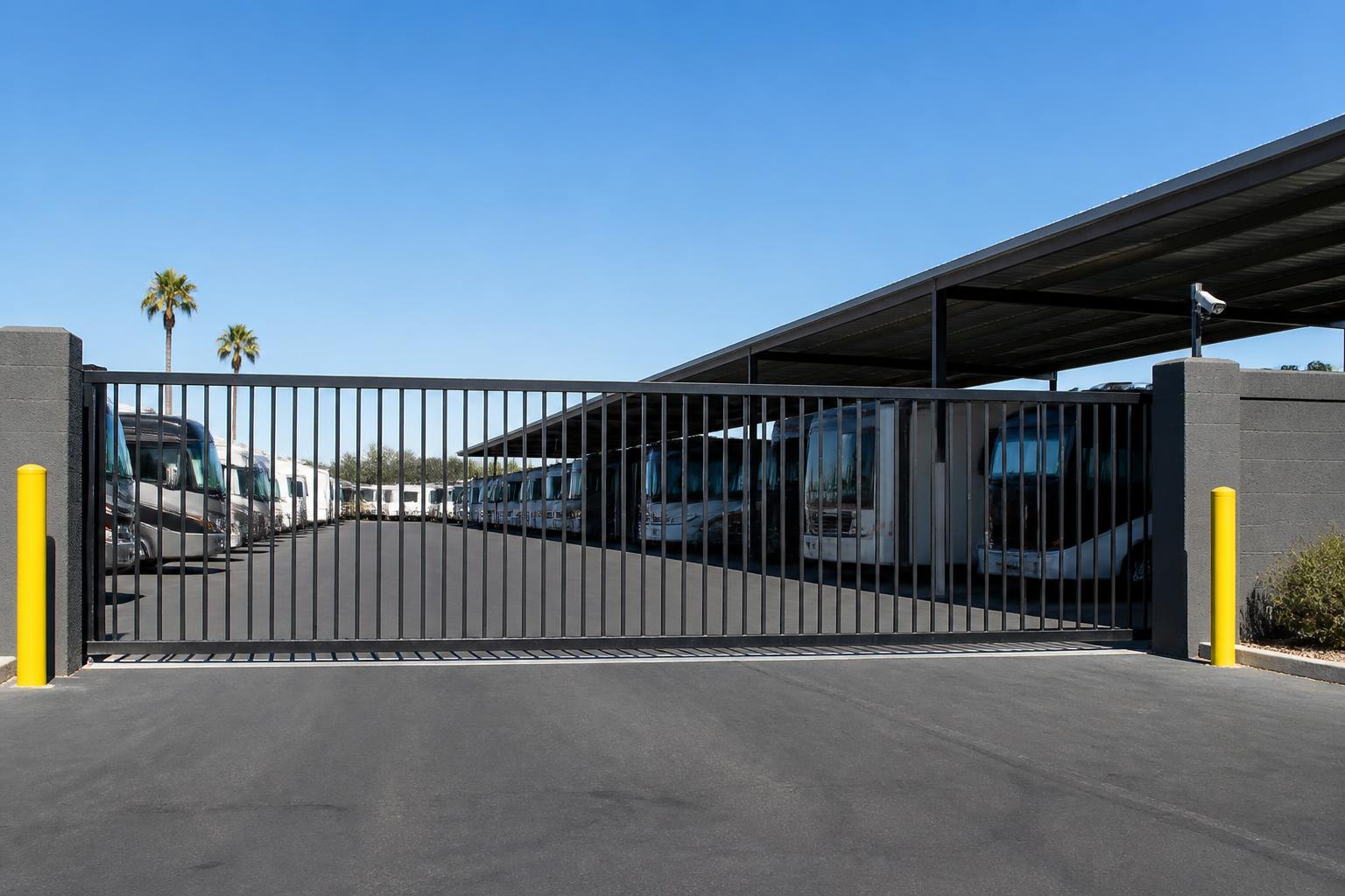 Wide black wrought iron sliding security gate at an Arizona RV storage facility entrance with surveillance camera overhead